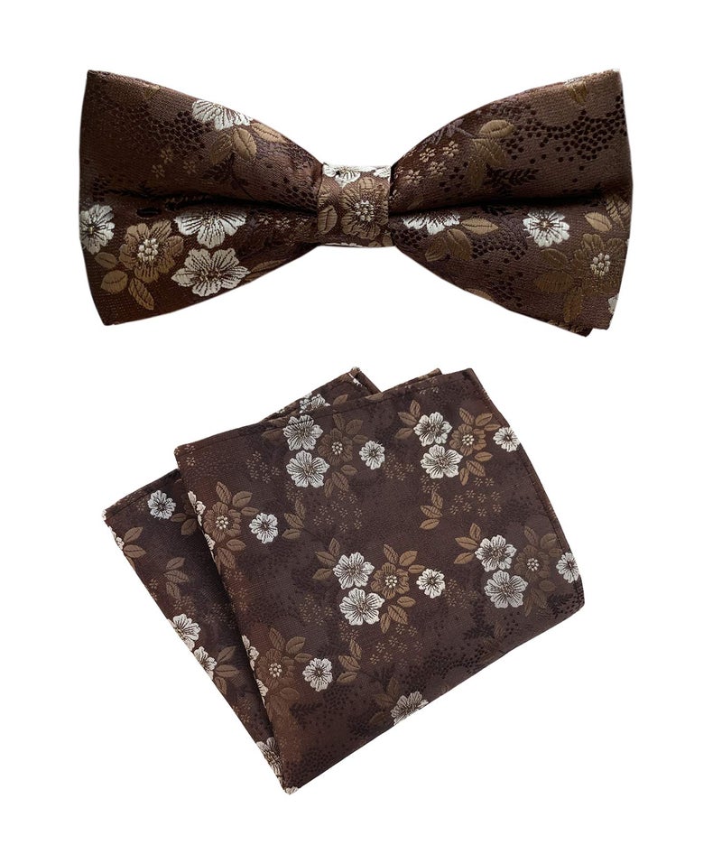 Secdtie Mens Brown with White Floral Cravat Bow Tie Pocket Square Set Boy Formal Business Necktie Nearwear - Image 1